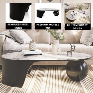 Designer 47" Coffee Table, Ball Base Design, White Artificial Marble Surface, Metal Matte Black Frame, Home Decor by Sona Casa