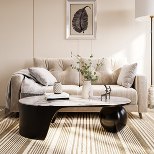 Designer 47" Coffee Table, Ball Base Design, White Artificial Marble Surface, Metal Matte Black Frame, Home Decor by Sona Casa