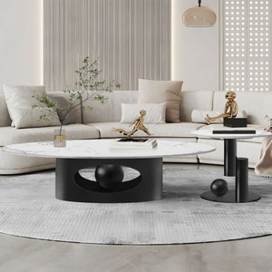 Modern Designer Oval Coffee Table Set 47" and 20", Marble Top, Metal Ball Base, Matte Black Frame, Home Decor by Sona Casa