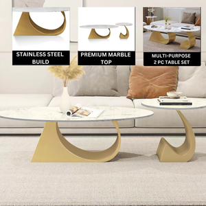 Modern Oval Coffee Table Set 47" and 20" White Marble Top, Metal Gold Frame by Sona Casa