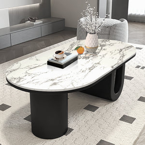 Designer Coffee Table 47" White Marble Top, Metal Blocks Matte Black Base by Sona Casa