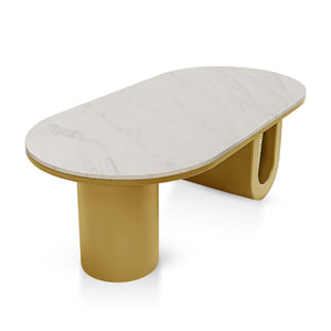 Designer Coffee Table 47" White Marble Top, Metal Blocks Gold Frame Home Decor Centerpiece by Sona Casa