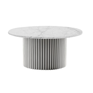 Modern Round Coffee Table Set 35" and 20" White Marble Top, Metal Silver Frame, Centerpiece by Sona Casa