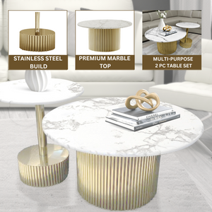 Modern Round Coffee Table Set 35" and 20" Centerpiece, Marble Surface, Metal Gold Frame by Sona Casa