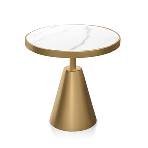 Modern Round Corner End Table, 16" Home Decor Accent, White Marble, Gold Metal Base by Sona Casa
