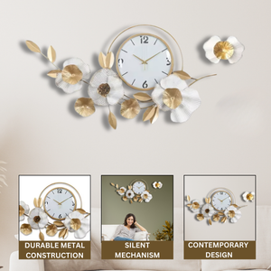 Gold and White Metal Wall Clock, Extra Large 37" Floral Designer Silent Clock, Oversized Home Office Décor by Sona Casa