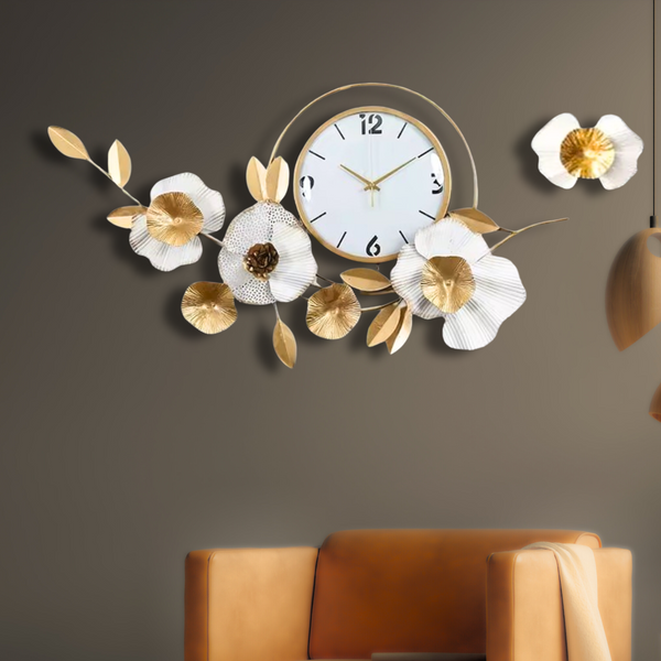 Gold and White Metal Wall Clock, Extra Large 37" Floral Designer Silent Clock, Oversized Home Office Décor by Sona Casa