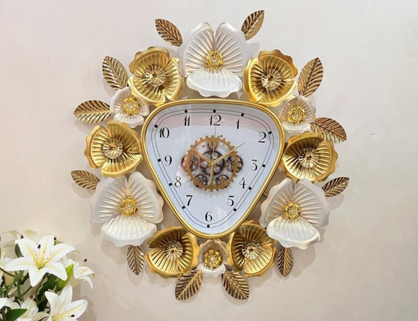 Gold and White Floral Designer Wall Clock, Large Modern Metal Art, Geometrical Triangle Clock for Home Living Room Decor-Sona Casa