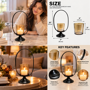 Black Metal Tealight Candle Holder with Glass Cup, Oval Frame & Pedestal Base, 26 cm