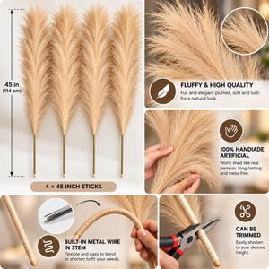 Light Brown Artificial Pampas Grass, Set of 4, 45-Inch Bendable Stems