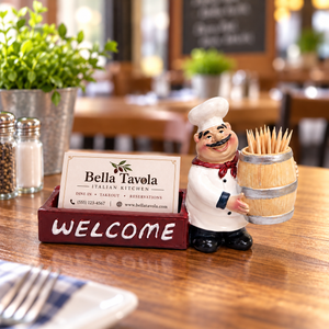 Chef figurine business card and toothpick holder with burgundy Welcome tray