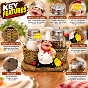 Chef Salt and Pepper Shaker Set with Decorative Holder, Kitchen & Restaurant Table Decor, 11 cm