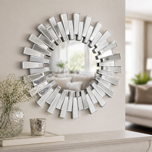 Silver 66 cm Round Wall Mirror with Decorative Sunburst Frame, Modern Silver Finish, Elegant Home Accent