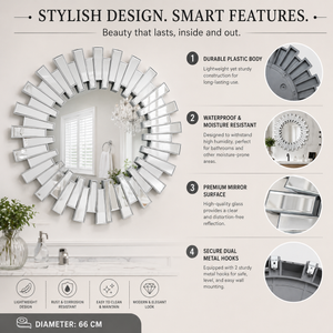 Round mirror with decorative frame on a light background, featuring smart features and design details.