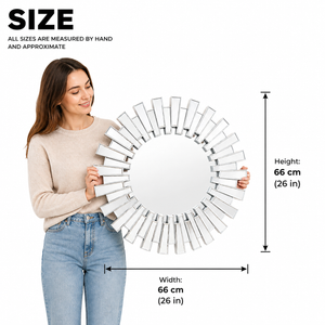 Silver 66 cm Round Wall Mirror with Decorative Sunburst Frame, Modern Silver Finish, Elegant Home Accent