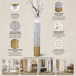 Tall White Silver Gold Metal Floor Vase with Metallic Finish for Modern Home Decor 14x14x106.7 cm