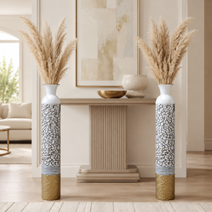 Set of 2 Tall White and Silver Round Metal Vases for Modern Home Decor, 14x14x106.7 cm