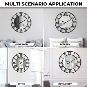 Large Black Wall Clock with Mirror, 24" Silent Roman Clock, Heavy Metal, Living Room Wall Decor-Sona Casa