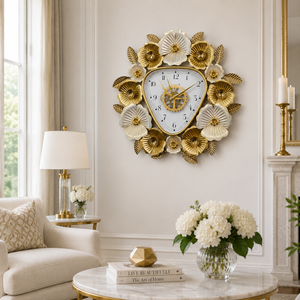 Gold and White Floral Designer Wall Clock, Large Modern Metal Art, Geometrical Triangle Clock for Home Living Room Decor-Sona Casa