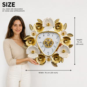 Gold and White Floral Designer Wall Clock, Large Modern Metal Art, Geometrical Triangle Clock for Home Living Room Decor-Sona Casa