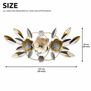 Large Gold Metal Wall Decor with Floral and Leaf Motif, 18 x 50 inch Elegant 3D Botanical Sculpture Home Office Decor-Sona Casa