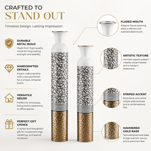 Set of 2 Round Metal Vases in White, Silver, and Gold Finish – Modern Decorative Accent for Home or Office – 14x14x106.7cm & 13.5x13.5x95.5cm