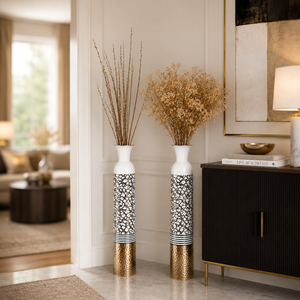 Set of 2 White Silver Metal Tall Floor Vases for Modern Home Decor 13.5x13.5x95.5 cm