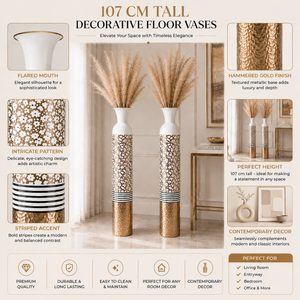 Set of 2 Tall White and Silver Round Metal Vases for Modern Home Decor, 14x14x106.7 cm