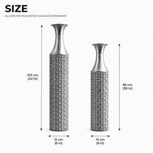 Set of 2 Silver Metal Floor Vases with Modern Minimalist Design, Tall Decorative Accent for Living Room or Entryway, 15x15x107cm & 14x14x95cm