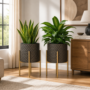 Set of 2 Large Industrial Metal Planters Matte Black Finish Modern Indoor Outdoor Decor