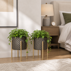 Set of 2 Small Modern Metal Planter Pots in Matte Black for Indoor Home Decor