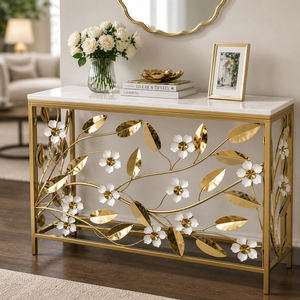 Gold Console Table with White Marble Top, Floral Detailing, 100x77x35 cm, Elegant Modern Home Decor Accent