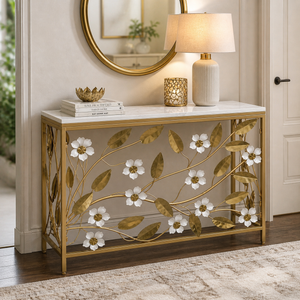 Gold Console Table with White Marble Top, Floral Detailing, 100x77x35 cm, Elegant Modern Home Decor Accent