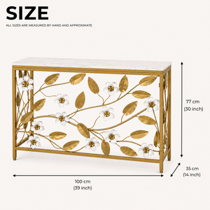 Gold Console Table with White Marble Top, Floral Detailing, 100x77x35 cm, Elegant Modern Home Decor Accent