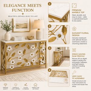 Gold Console Table with White Marble Top, Floral Detailing, 100x77x35 cm, Elegant Modern Home Decor Accent