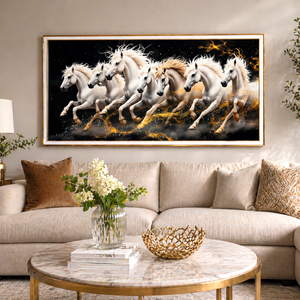 Seven White Horses Wall Art with Crystals, Modern 70x140 cm Premium Home Decor Canvas Painting - Accent Collection