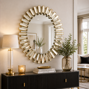 Decorative round mirror with a sunburst design on a wall above a dark wooden console table.