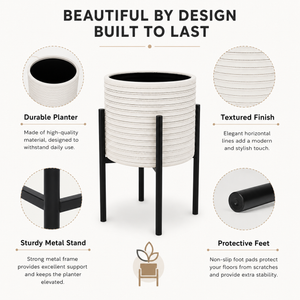 Modern White Metal Flower Pot with Black Base, Minimalist Plant Stand, 25cm Diameter x 46cm Height