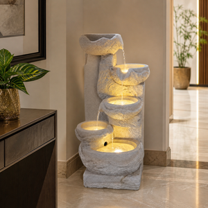 Tall 4-Tier White Indoor Water Fountain with LED Lights – Modern Minimalist Home Decor Accent