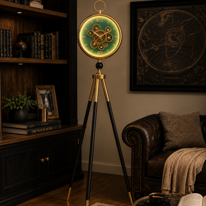 Green LED Floor Clock with Moving Gears Tripod Stand, Modern Industrial Style Home Decor Accent