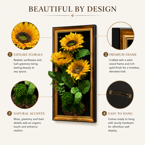 Artificial Sunflower 3D Wall Art in Black and Gold Frame – Modern Floral Home Décor Accent