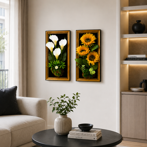 Set of 2 Floral 3D Botanical Wall Sculptures, Artificial White and Green Botanical Wall Decor, 23x45cm