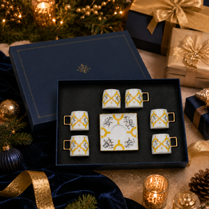Square Base White and Yellow Coffee Cup and Saucer Set, 6-Pair Premium Ceramic Tea Drinkware Gift Collection by Sona Casa