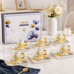 Square Base White and Yellow Coffee Cup and Saucer Set, 6-Pair Premium Ceramic Tea Drinkware Gift Collection