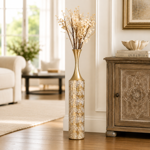Tall Gold Floral Metal Vase for Elegant Home Decor Accents 14.7x14.7x95.5 cm by Sona Casa