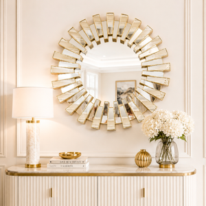 Round Gold Sunburst Wall Mirror 66 cm – Decorative Vintage Style Accent for Living Room or Entryway