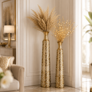 Set of 2 Gold Tapered Floral Metal Vases for Home Decor, Modern Elegant Centerpiece Accent, 17.7x17.7x106.7cm & 17.7x17.7x95.3cm
