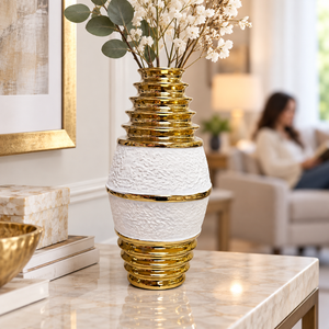 White Ceramic Tulip Vase, Golden Rims, 11" Modern Table Desk Shelf Centerpiece Decor, Unique Gifts
