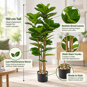 150 cm Artificial Fiddle Leaf Fig Tree Indoor Lifelike Faux Plant with Green Leaves in Black Pot for Home & Office Decor