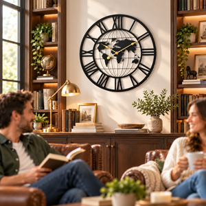 24-Inch Black World Map Wall Clock with Roman Numerals-Sona Casa